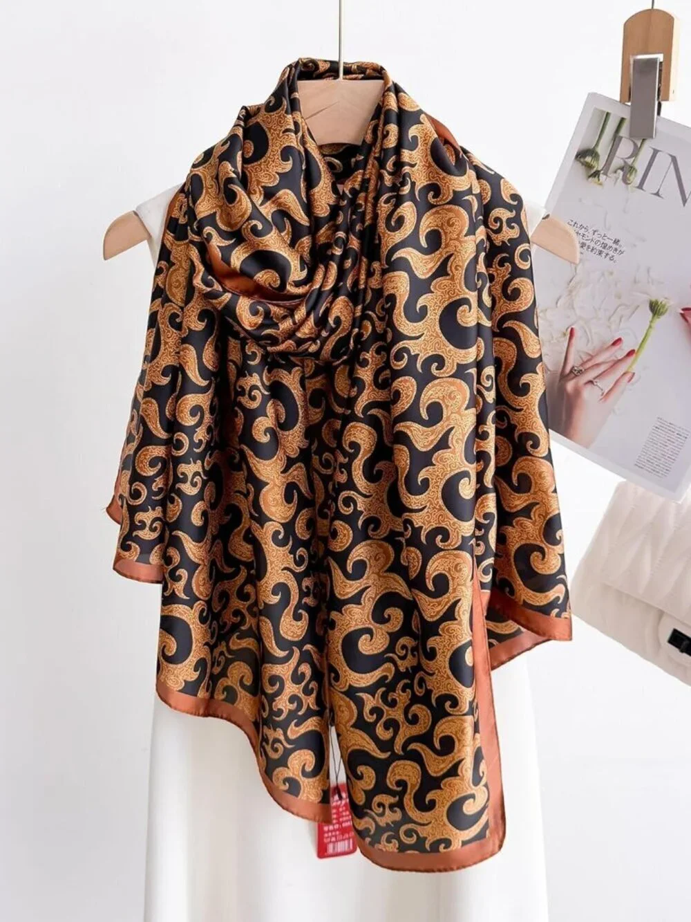 Women's Cheeta Orange Lightweight Scarves Flower Print Head Cotton Wrap Scarf